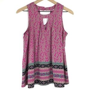 XHILARATION Top Sleeveless Keyhole High Neck V Cut Out Boho Southwestern Medium